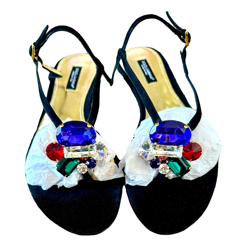 New* Dolce & Gabbana black suede leather, large color crystal  stone sandals